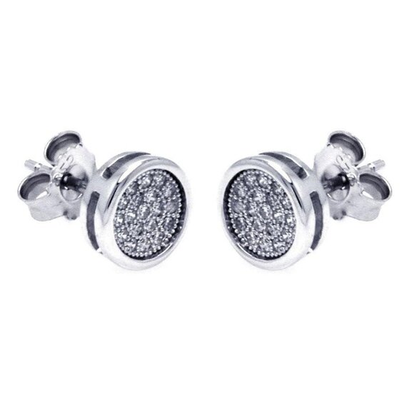 Silver 925 Rhodium Plated Micro Pave Clear Round CZ Stud Earrings - Picture 1 of 8